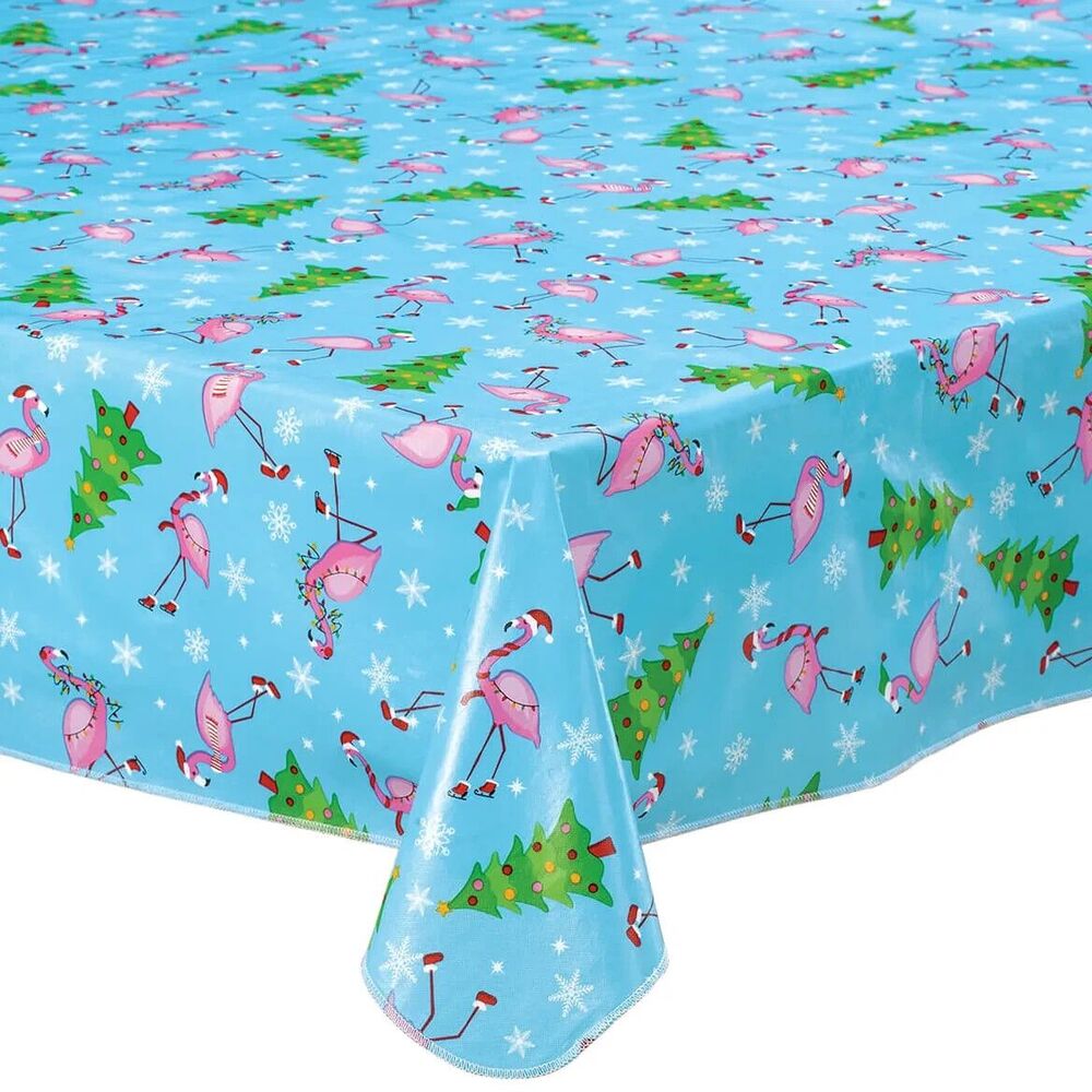 Festive Pink Flamingos Vinyl Tablecoth 60 X 90-in Holiday Blue Green Gift NEW